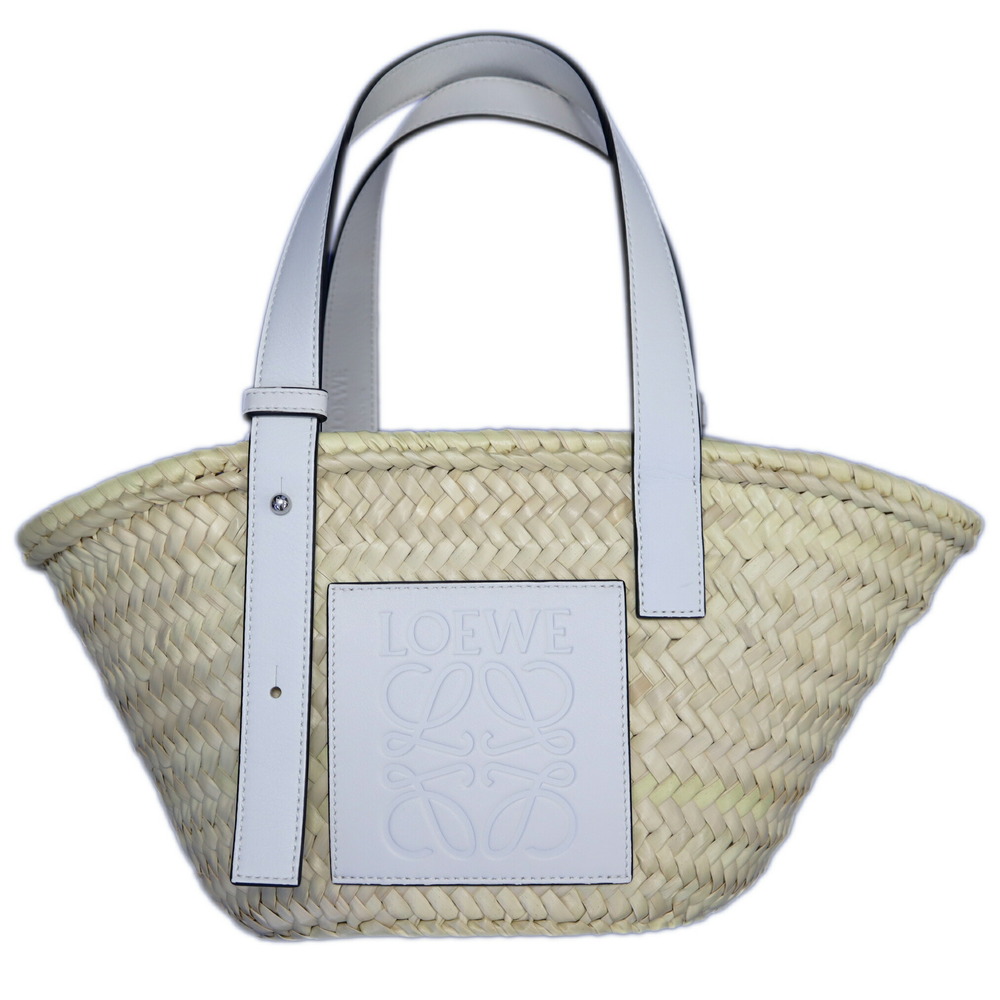 LOEWE Basket Bag Raffia Palm Leaf Brown Logo Leather Calfskin Anagram